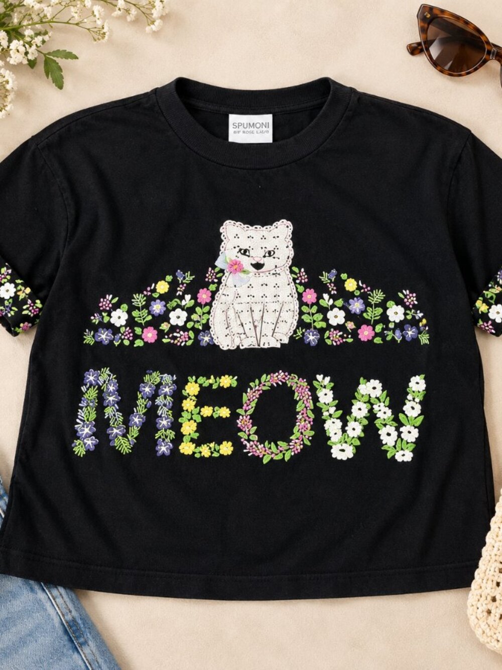 Vintage 90s Spumoni Cat Meow Floral Graphic T Shirt Black Large Cottagecore